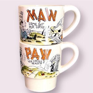 VINTAGE Maw & Paw Hillbilly Mugs Made In Japan- Cartoon Coffee Cups- Mid Century